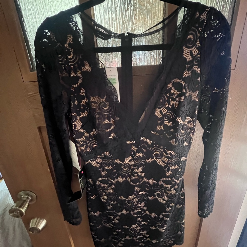 Bebe Black and Tan Bodycon Dress with Plunge Neckline